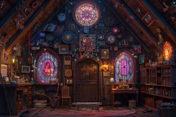 Obraz premium Stained glass interior of an old church showcasing intricate designs and a rich historical atmosphere.