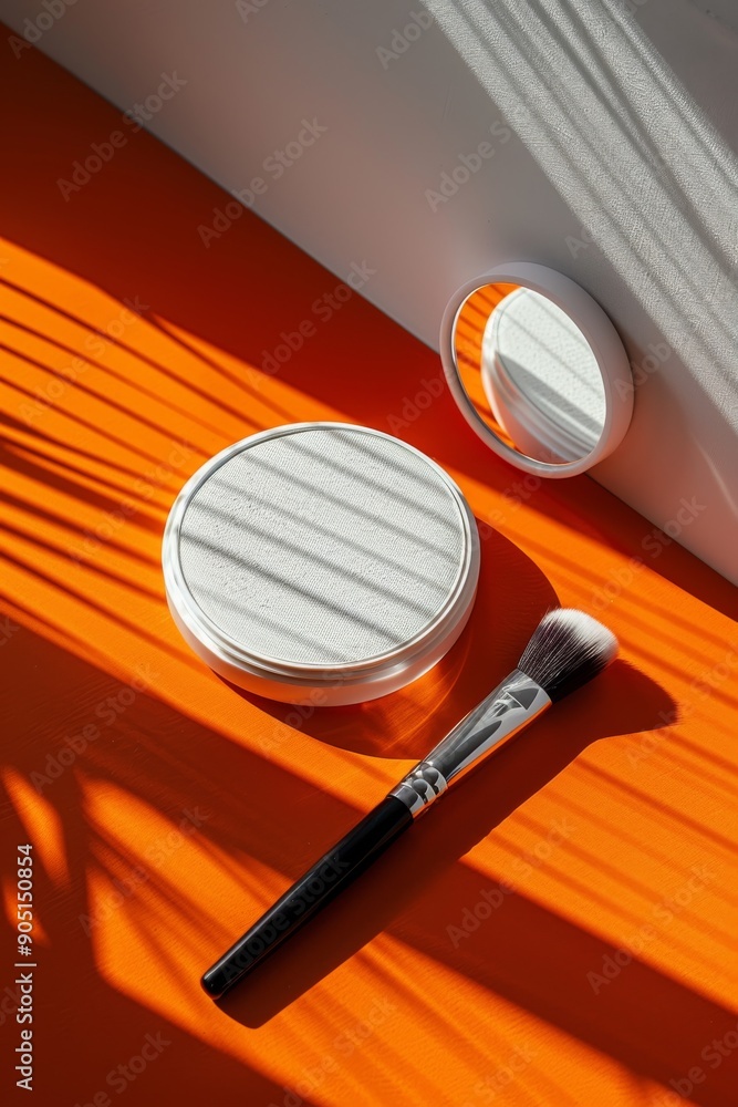 Wall mural Powder compact and brush on orange background with mirror in stylish sunlight