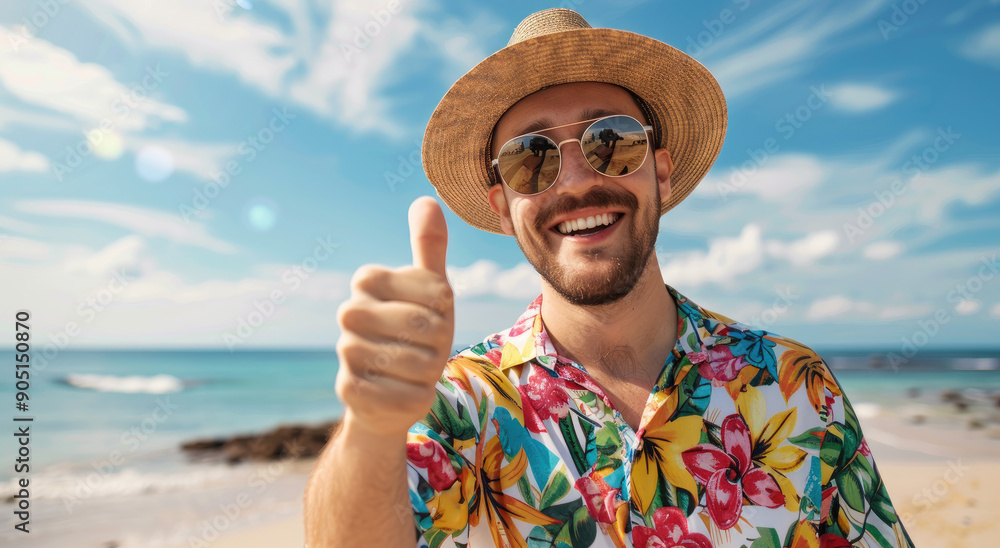 Canvas Prints A happy man wearing sunglasses and straw hat is giving thumbs up on the beach, dressed in colorful shirt with floral pattern