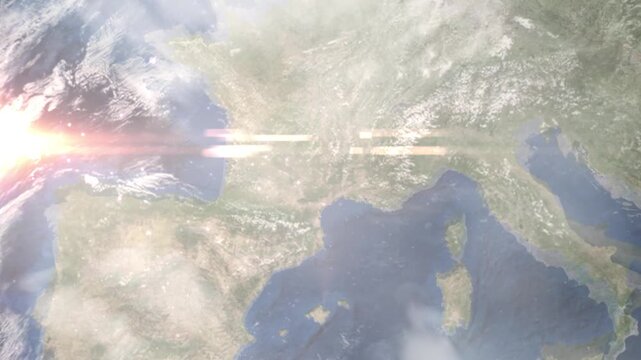 Earth zoom in from space and focus on Millau, France. Background for travel intro or blog. Satellite view. 3D style Animation. Images from NASA.