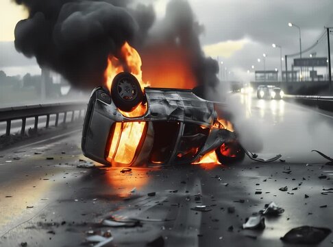 A car is flipped over and engulfed in flames on a highway, with dark smoke billowing into the sky. The scene depicts a dramatic and dangerous accident.