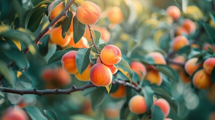 Ripe apricots hanging on branches in a sunlit orchard