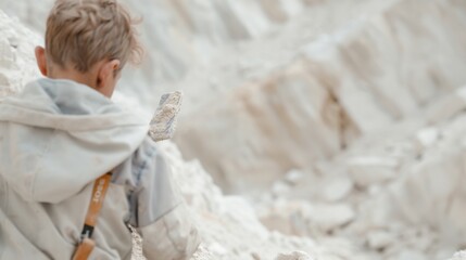 Back view of a boy with a pickaxe, digging into the earth, soft-focus background showing the steep mine walls, child labor.