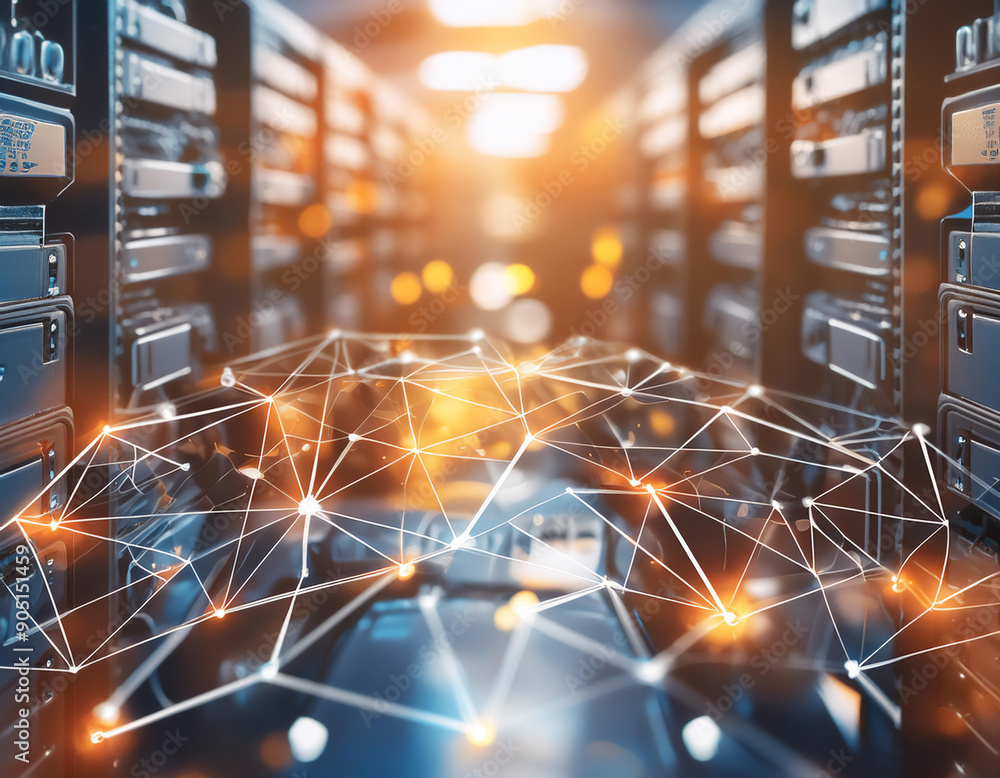 Poster complex network of interconnected database servers, symbolizing data storage, management, and retrie