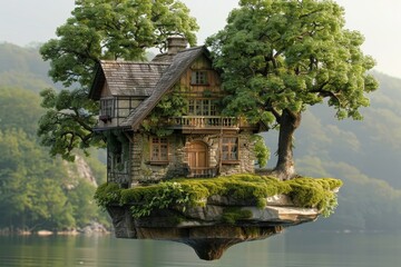 Obraz premium Floating mystical cottage on a secluded island capturing the essence of a peaceful fairy-tale retreat.