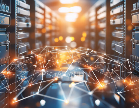 Complex network of interconnected database servers, symbolizing data storage, management, and retrieval in a high tech environment.
