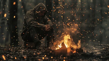 193. Campfire in Rain, movie style, muted tones, stripes pattern, over-the-shoulder, natural light, sparks, shadows,