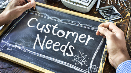 Businessman emphasizes the importance of understanding and meeting customer expectations by writing the concept of customer needs on a blackboard