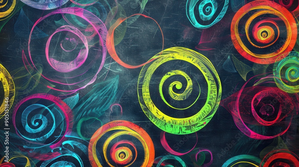 Aufkleber A chalkboard is adorned with vibrant spirals and abstract shapes, showcasing creativity and artistic expression during an art activity. Generative AI