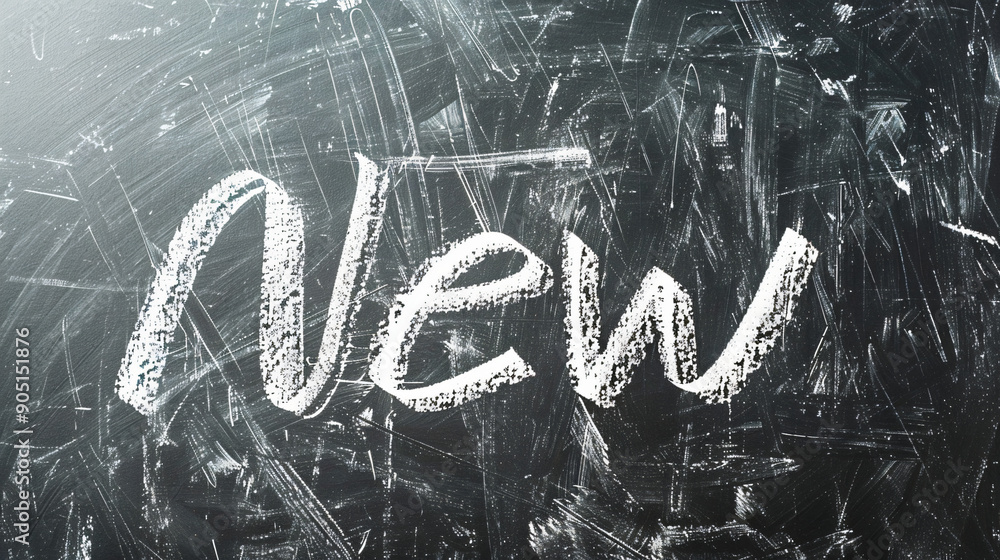 Poster the word new is written in white chalk on a used blackboard, suggesting a fresh start