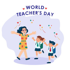 World Teachers' Day. A greeting card. Happy teacher and his students. Children's education; learning.