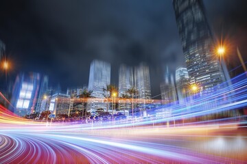 A vibrant city street at night with blurred light trails streaking through the frame, showcasing...
