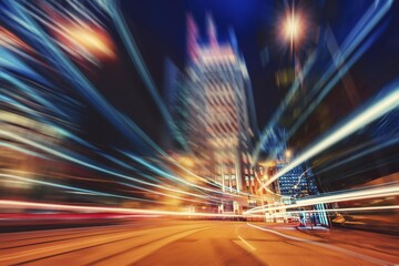 A city street at night with blurred light trails from passing cars and buildings in the background.