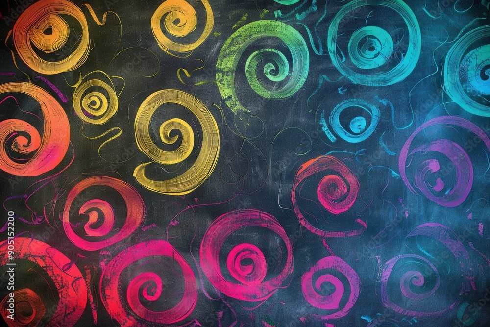 Poster a chalkboard showcases an array of colorful spirals and abstract shapes created during an artistic c