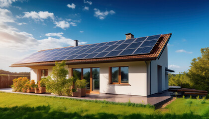  house with solar panels on the roof, environment friendly energy