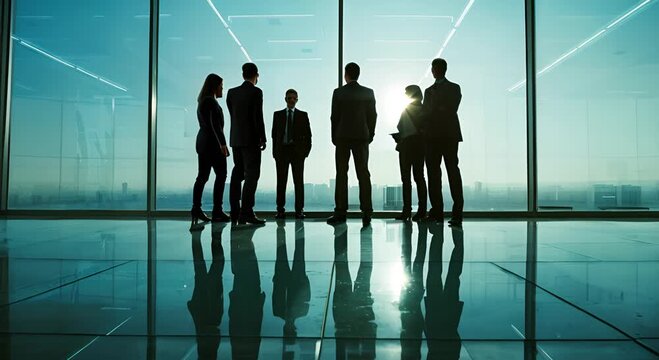 Silhouette of business people meeting standing inside office with city view from glass window, office people background footage video.
