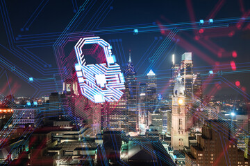 Digital padlock over layed on city skyline at night.