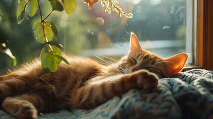 A relaxed scene of a cat stretched out and sleeping in a sunbeam on a windowsill, with a view of a serene lake outside. The bright morning light creates a fresh and airy feel.