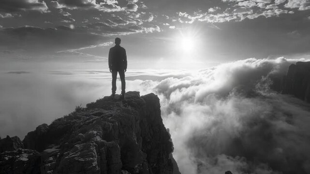 Man on edge of rock formation, silhouetted against sky with clouds and sunlight