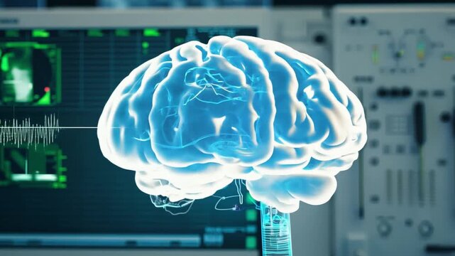 A hologram of a human brain illuminates a contemporary laboratory, showcasing advanced research technology and scientific innovation.