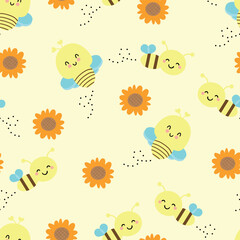 Seamless pattern with cute cartoon yellow bees, for fabric prints, textiles, gift wrapping paper. children's colorful vector, flat style