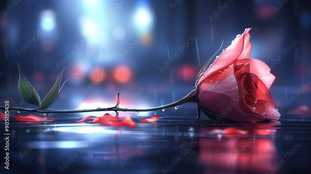 Poster   Red Rose, Puddle & Twig - An image featuring a red rose atop a water-filled puddle with a nearby twig adorned with leaves