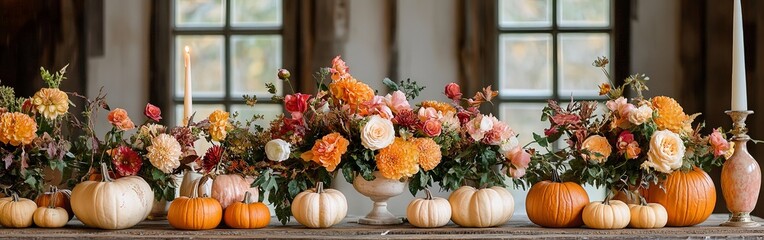 Assorted Autumn Pumpkins with Fall Leaves on Wood