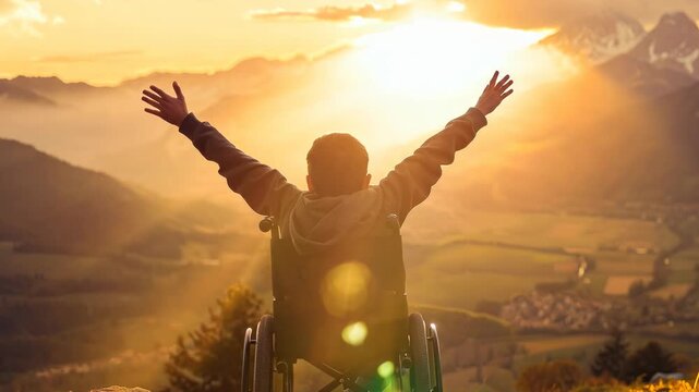 A person in a wheelchair celebrating at the top of a mountain, with arms raised towards a beautiful sunrise and valley landscape.