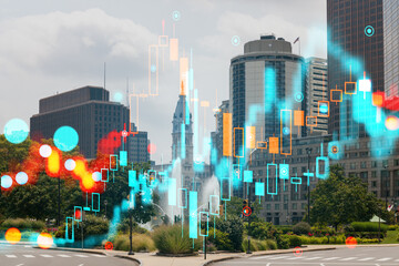 Financial cityscape with digital data overlay.