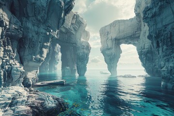 Sea Cave Archway with Calm Ocean and Boat