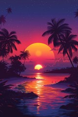 Naklejka premium Sunset Beach with Palm Trees