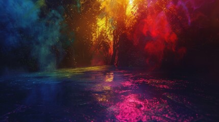 194. Muddy Trails, movie style, vibrant hues, abstract shapes, eye level, bright light, smoke, reflections,