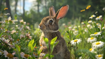 A vibrant scene of a rabbit eating fresh vegetables in a lush garden, with a background of blooming daisies and tall grass. The bright, natural light enhances the lively and cheerful mood.