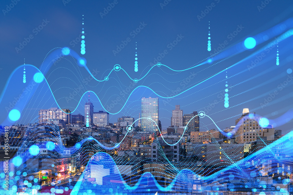 Poster abstract data visualization overlaying cityscape at dusk.