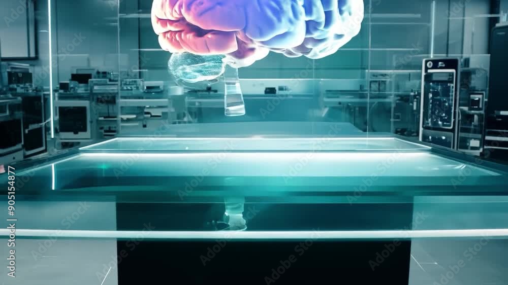Poster a hologram of a human brain floats above a table while researchers observe in a contemporary laborat