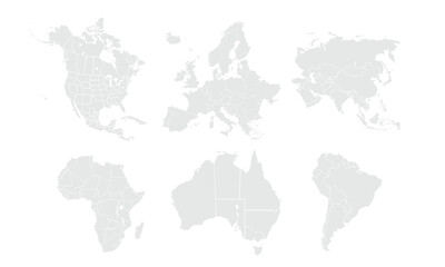 Fototapeta premium Territory of continents map North America, South America, Europe, Australia, Africa, Asia. Grayscale,isolated on white background for website layouts,background,education, precise,customizable.