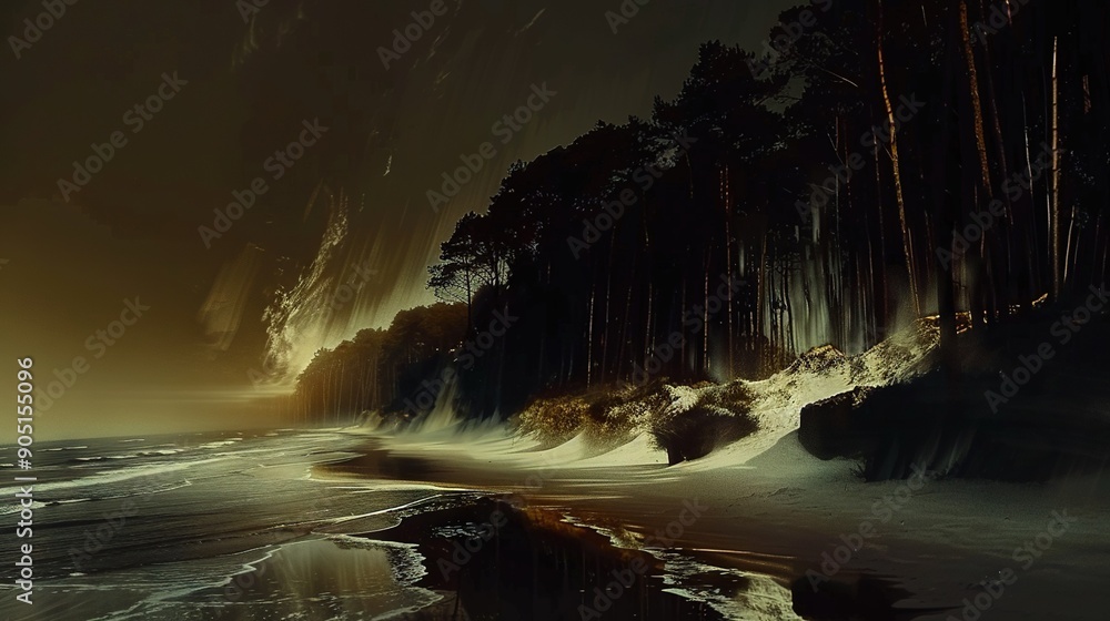 Canvas Prints   A captivating scene depicted by a master artist of a snow-covered beach at night with trees lining the shoreline