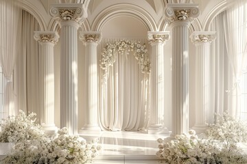 Naklejka premium Elegant white wedding stage with Roman columns and floral arch decor