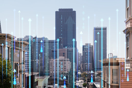 Modern cityscape with digital arrows and binary code overlay on buildings.