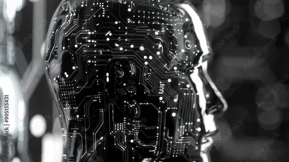 Poster head composed of electronic circuitry, suggesting themes of artificial intelligence, advanced roboti