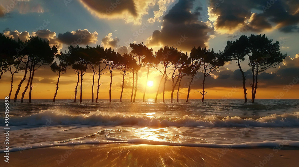 Poster   The sun sets over the ocean as trees frame the foreground and waves lap at the shore while clouds fill the background