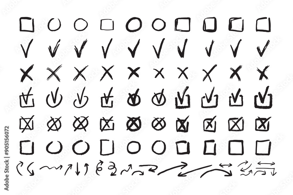 Poster check marks doodle black line element set, tick and a cross, empty thin box and arrow sign. grunge h