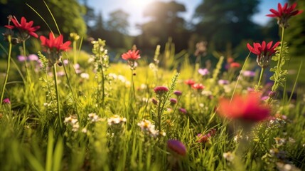 Sunlit Meadow With Blooming Flowers