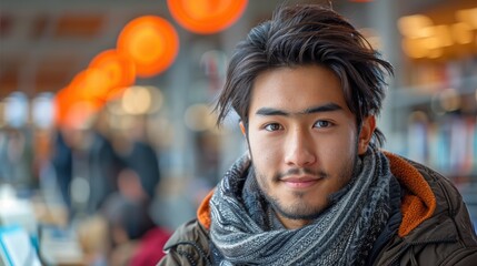 Naklejka premium A young man with dark hair and a casual scarf stands in a well-lit, bustling indoor environment with vibrant orange lights blurred in the background