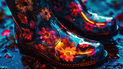195. Rain Boots, movie style, colors full, floral pattern, close-up, high contrast, glowing light, shadows,
