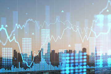 Digital financial chart overlay on urban skyline at sunset.
