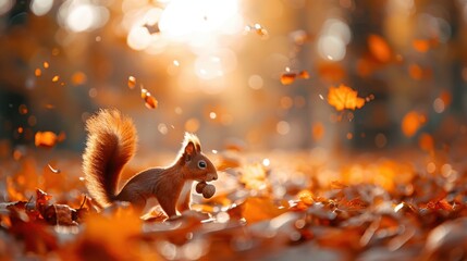 Fototapeta premium Cute squirrel in autumn forest with warm sunlight, surrounded by falling leaves. Perfect depiction of nature and wildlife in fall.