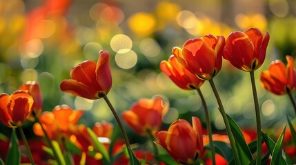 Fototapeta premium A field full of red and yellow tulips with a book of light in the background