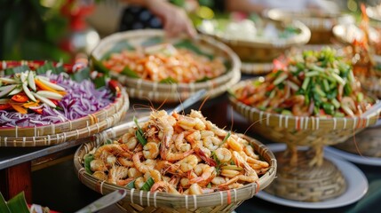 Obraz premium Vibrant market scene showcasing freshly prepared shrimp dishes, colorful vegetables, and aromatic spices in traditional woven baskets.