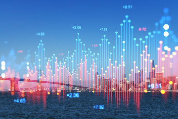 Digital data visualization over a cityscape with water and bridge in the foreground.